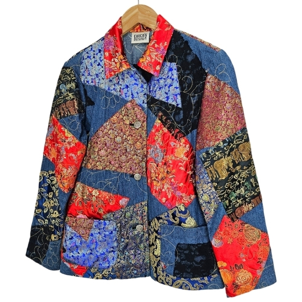 Chicos Patchwork Denim Jacket Womens Size Small Boho Jacquard Festival Vintage - Picture 7 of 16